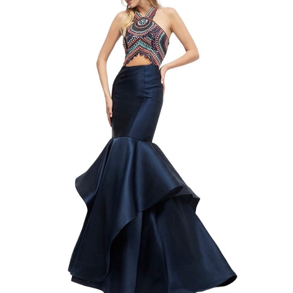 Jasz Couture Beaded Halter Mermaid Evening Gown Dress 5934 Navy - Sz 10 - NWT